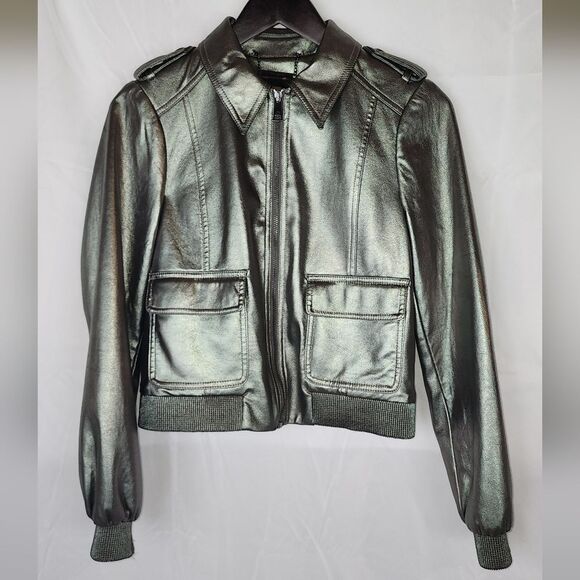 $445 TED BAKER LONDON Women's Metallic Faux Leather Bomber Jacket size 0 - Picture 11 of 12